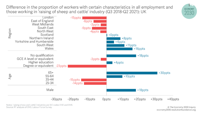 Difference in the proportion of workers with certain characteristics in all employment and those working in ‘raising of sheep and cattle’ industry (Q3 2018-Q2 2021): UK
